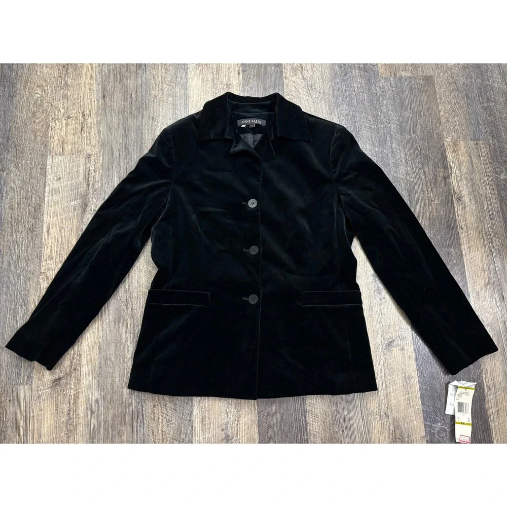 Anne Klein New York Black Velvet Blazer Jacket Women 14 Stretch Button Front New